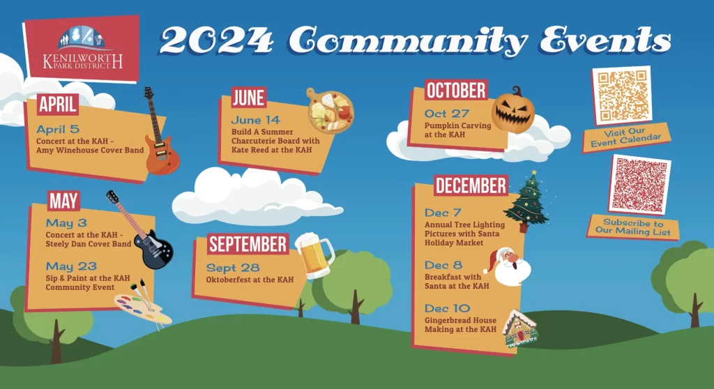 list of 2024 community events on colorful cartoon sky and rolling hills